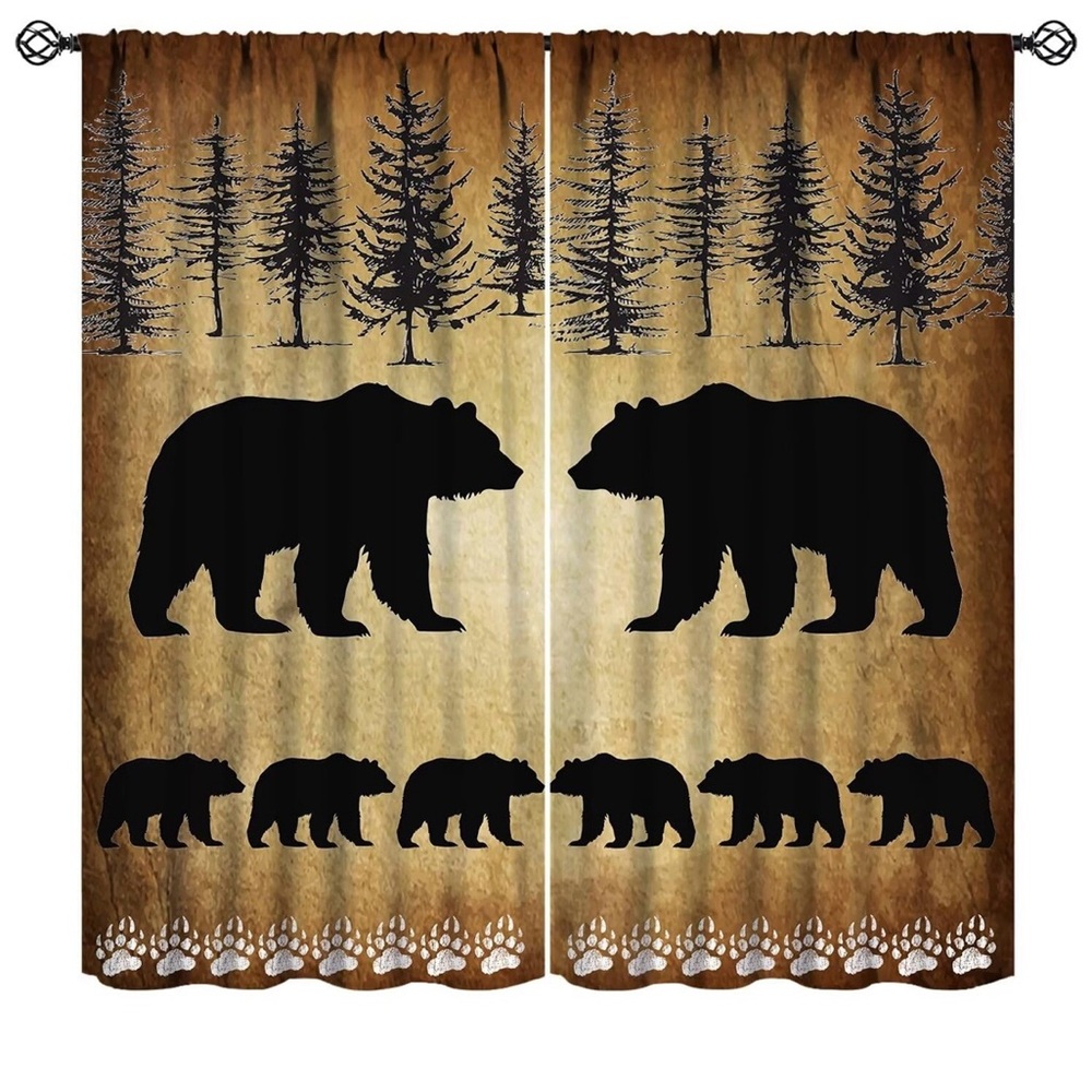 Rustic Blackout Curtains Vintage Brown Black Wildlife Bear White Bear Paw Print